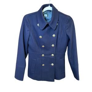 J. Crew Women 0 Navy Blue Preppy Large Gold Button Wool Pea Coat Classic Vintage